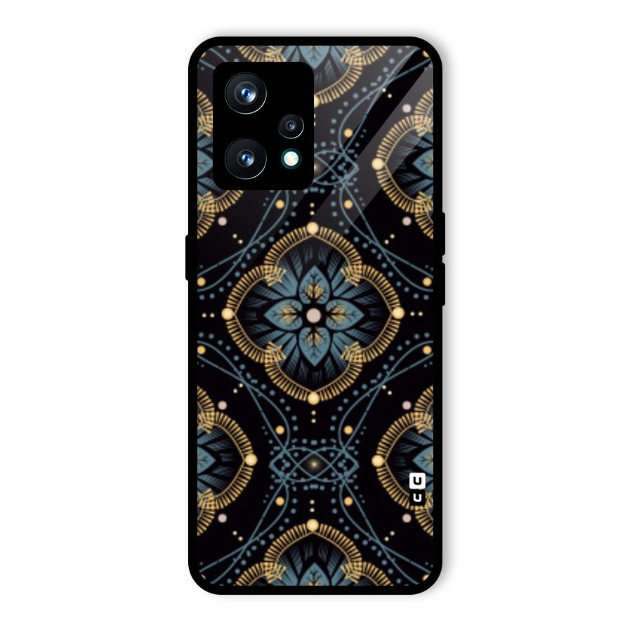 Blue With Black Flower Glass Back Case for Realme 9 Pro Plus 5G