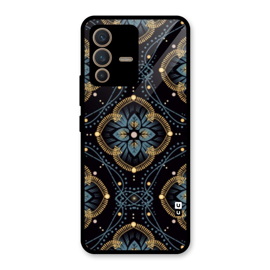 Blue With Black Flower Glass Back Case for Vivo V23 5G