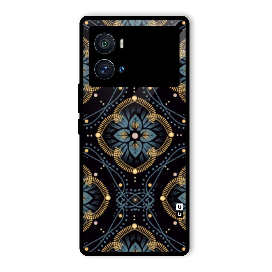 Blue With Black Flower Glass Back Case for Vivo iQOO 9 Pro