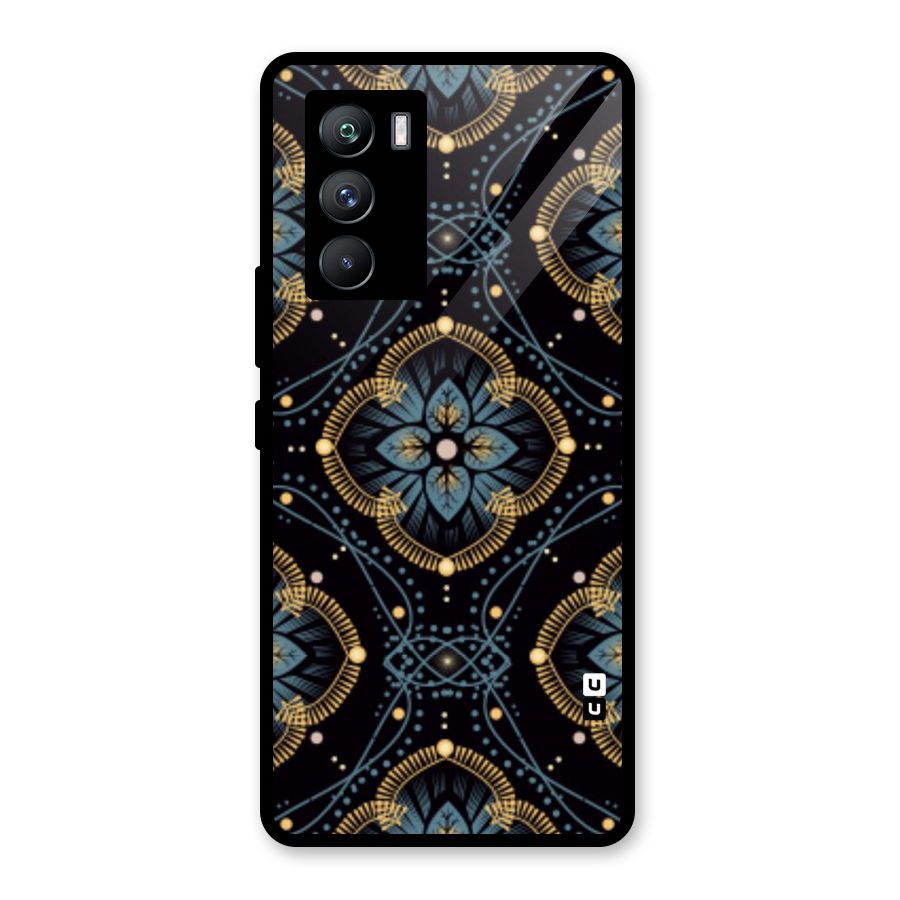 Blue With Black Flower Glass Back Case for Vivo iQOO 9 SE