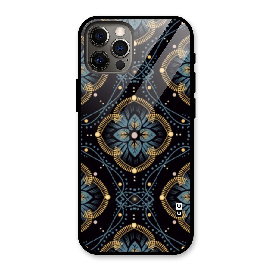 Blue With Black Flower Glass Back Case for iPhone 12 Pro