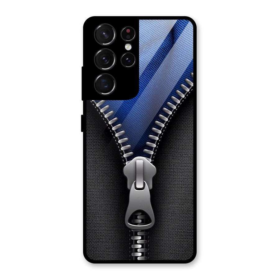 Blue Zipper Glass Back Case for Galaxy S21 Ultra 5G