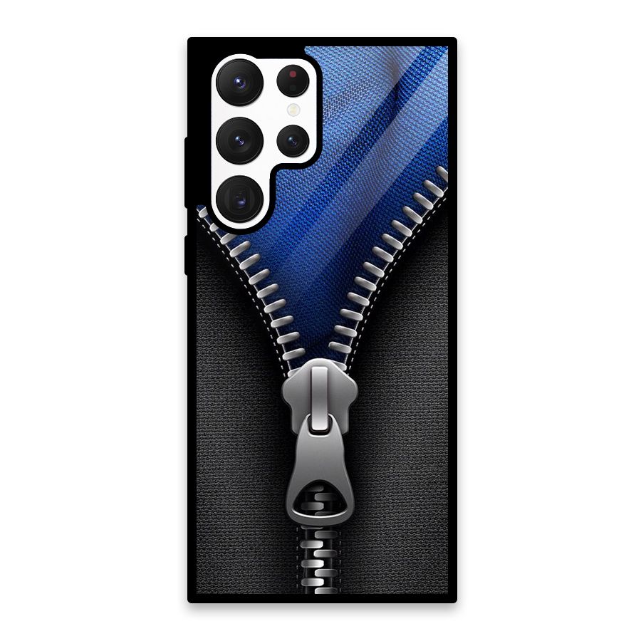 Blue Zipper Glass Back Case for Galaxy S22 Ultra 5G