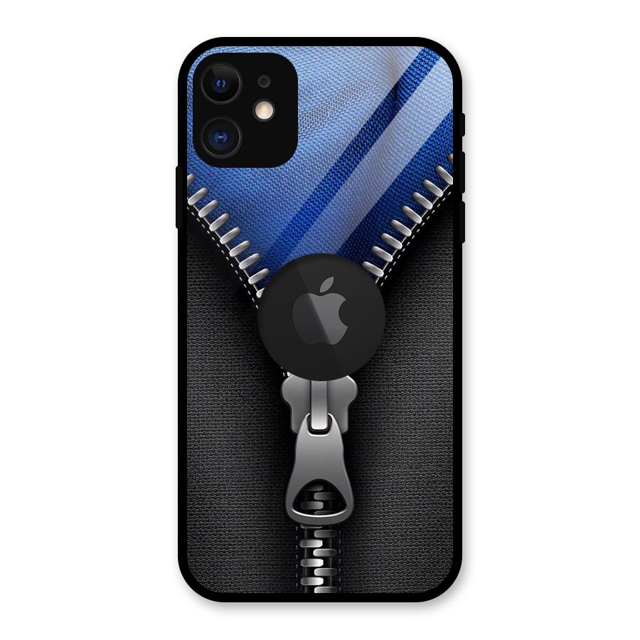 Blue Zipper Glass Back Case for iPhone 11 Logo Cut
