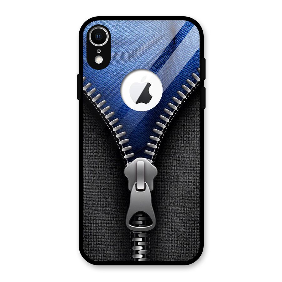 Blue Zipper Glass Back Case for iPhone XR Logo Cut