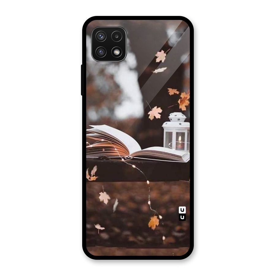 Book and Fall Leaves Glass Back Case for Galaxy A22 5G