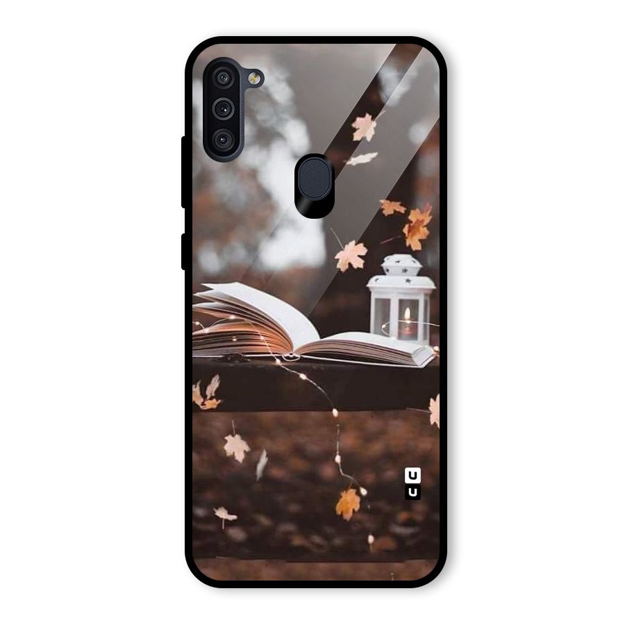 Book and Fall Leaves Glass Back Case for Galaxy M11