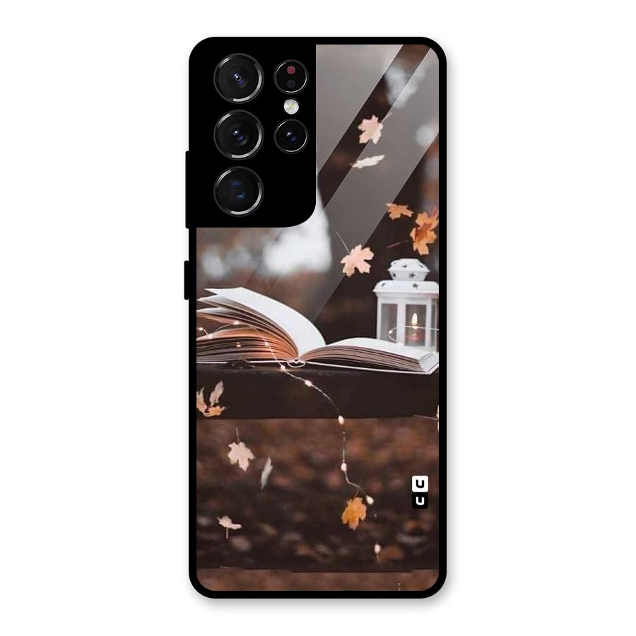 Book and Fall Leaves Glass Back Case for Galaxy S21 Ultra 5G