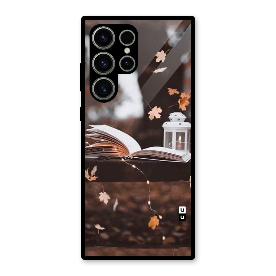 Book and Fall Leaves Glass Back Case for Galaxy S23 Ultra
