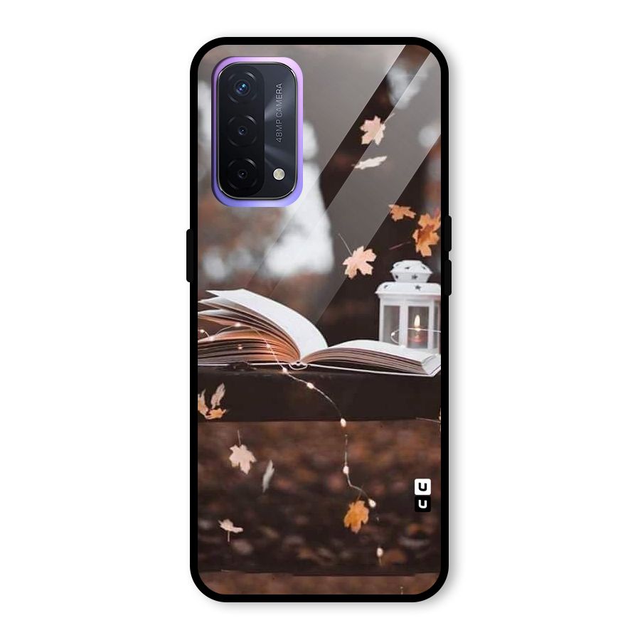 Book and Fall Leaves Glass Back Case for Oppo A74 5G