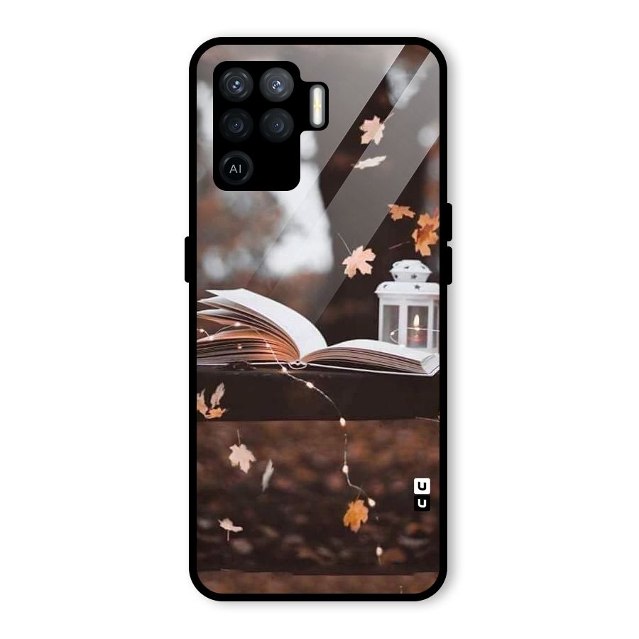 Book and Fall Leaves Glass Back Case for Oppo F19 Pro