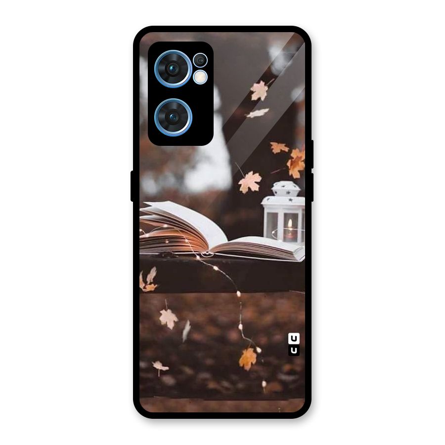 Book and Fall Leaves Glass Back Case for Oppo Reno7 5G