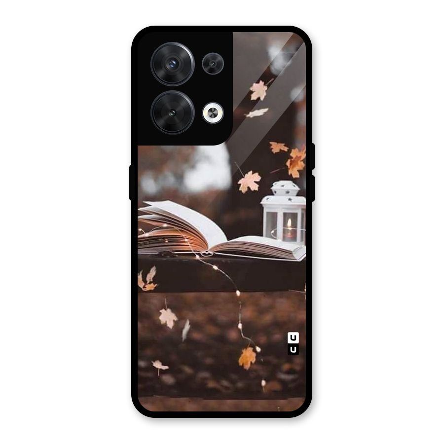 Book and Fall Leaves Glass Back Case for Oppo Reno8 5G