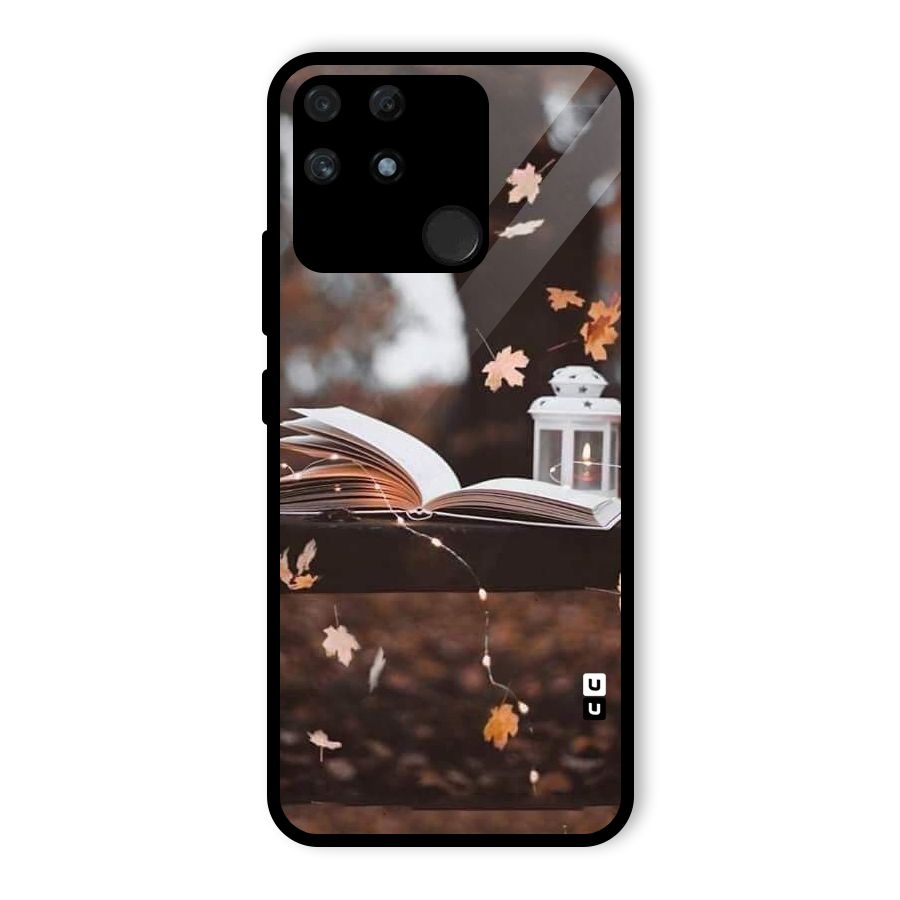 Book and Fall Leaves Glass Back Case for Realme Narzo 50A