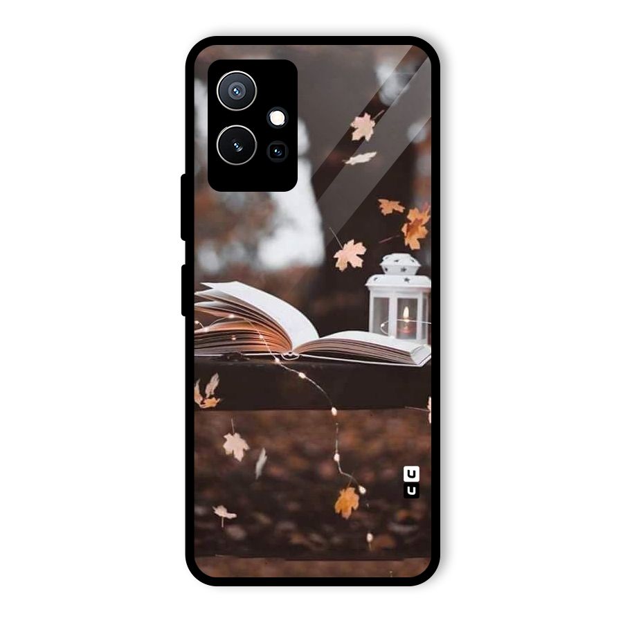 Book and Fall Leaves Glass Back Case for Vivo T1 5G