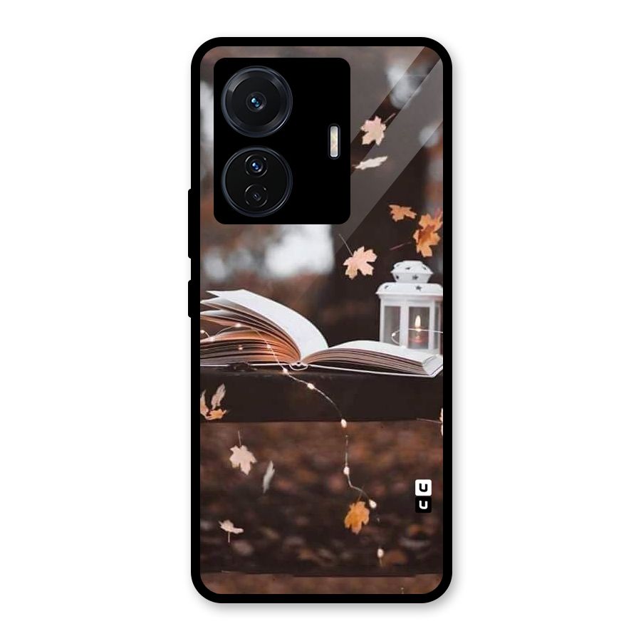 Book and Fall Leaves Glass Back Case for Vivo T1 Pro