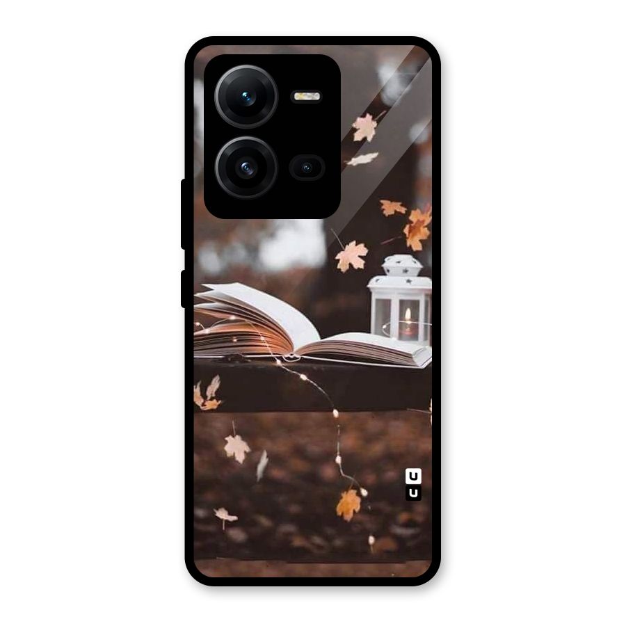 Book and Fall Leaves Glass Back Case for Vivo V25