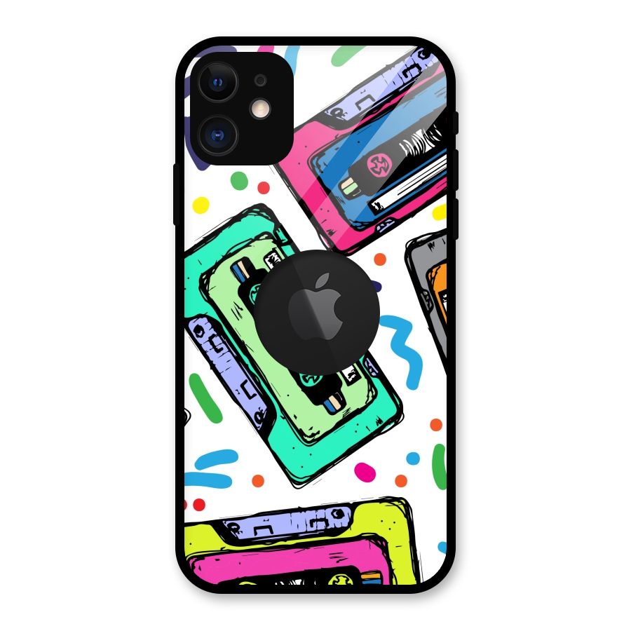Cassette Pattern Glass Back Case for iPhone 11 Logo Cut