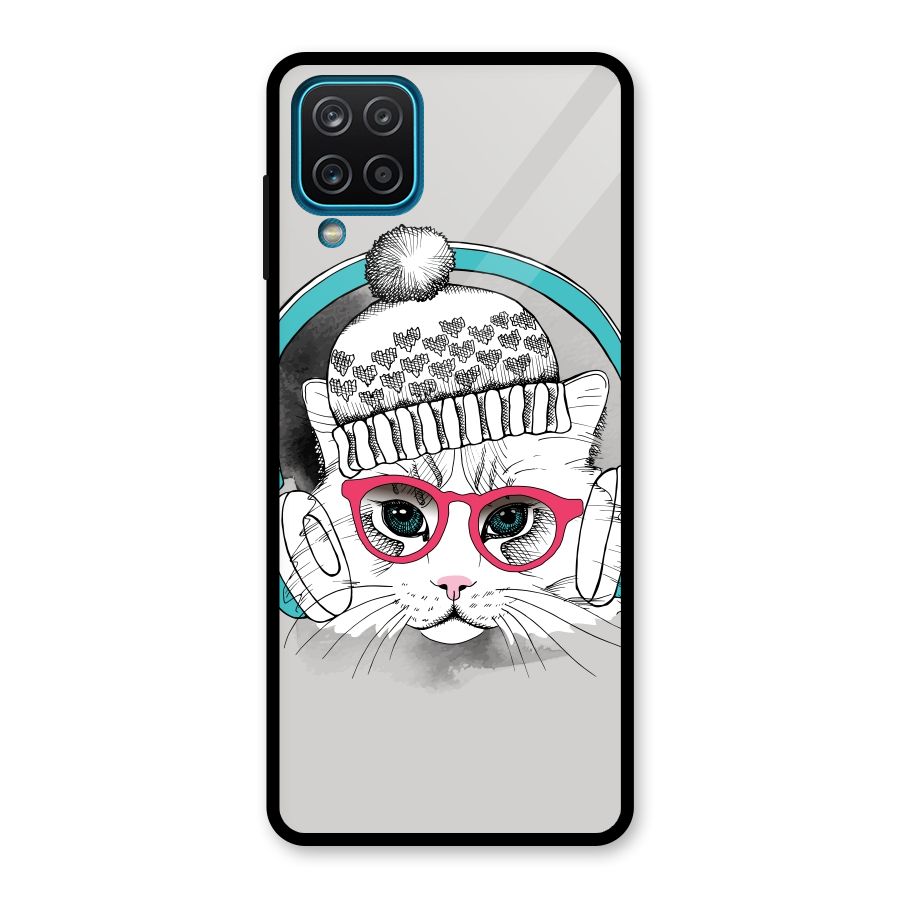 Cat Headphones Glass Back Case for Galaxy A12