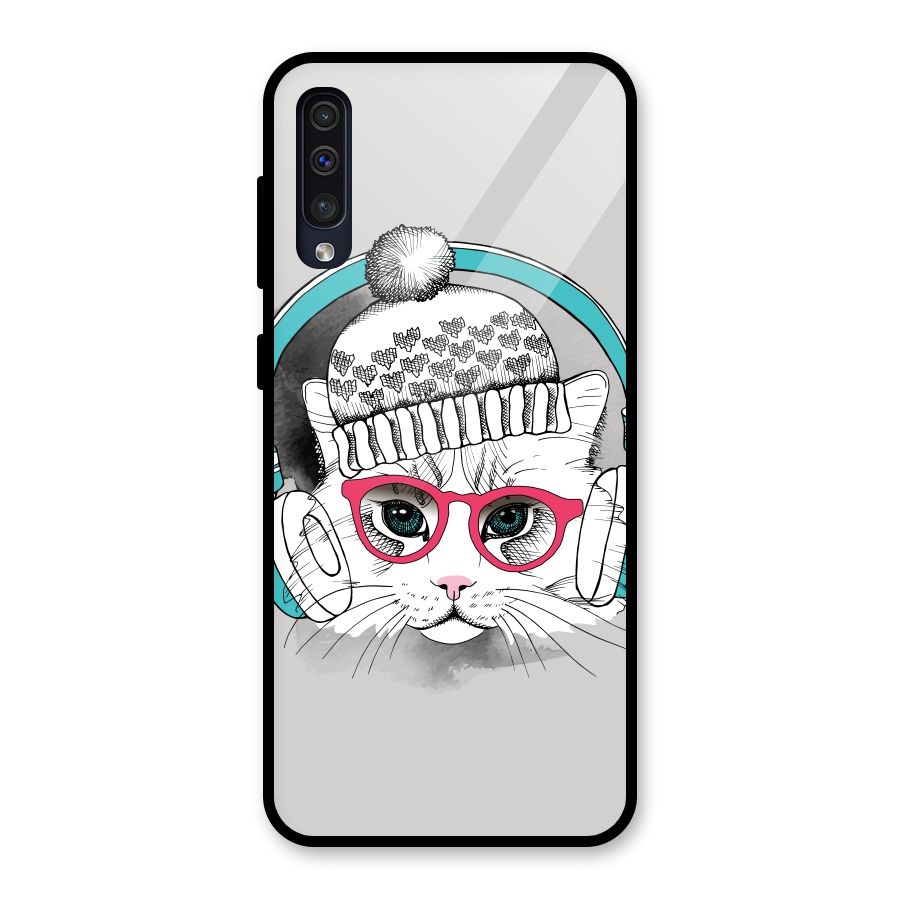 Cat Headphones Glass Back Case for Galaxy A50