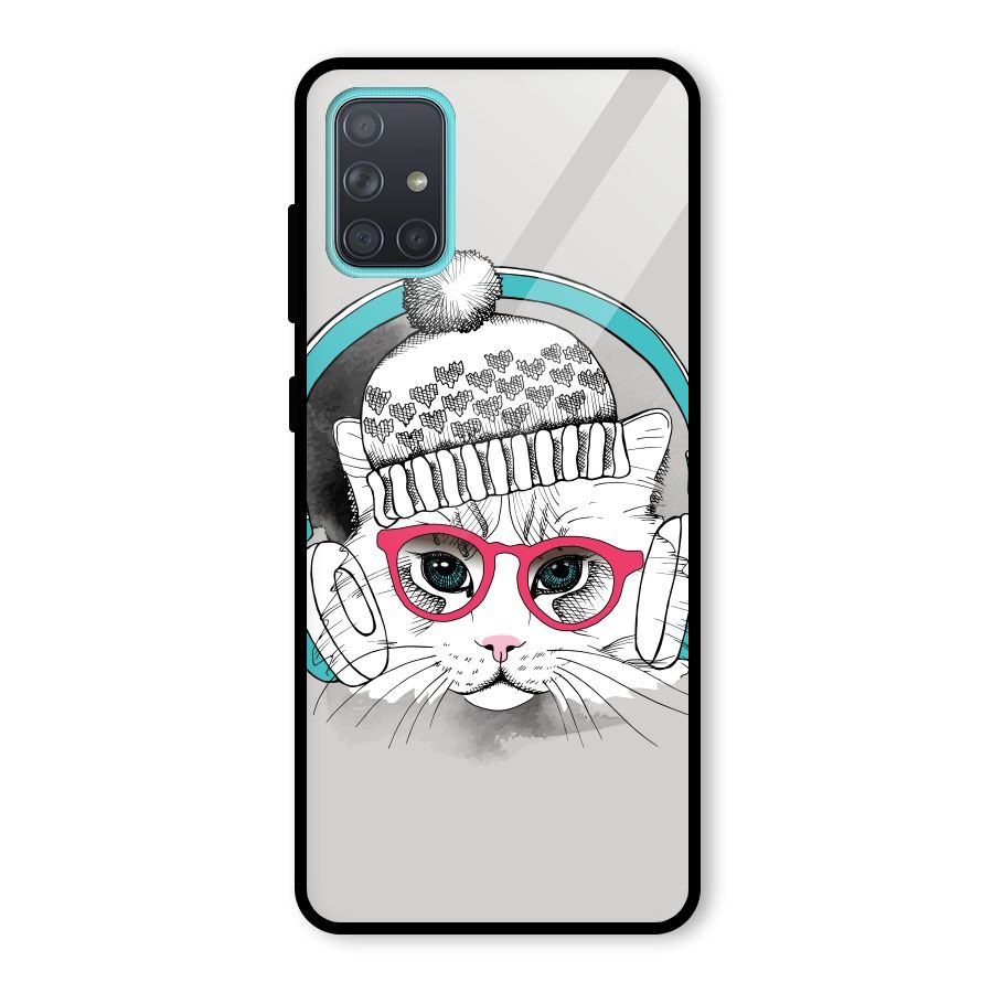 Cat Headphones Glass Back Case for Galaxy A71
