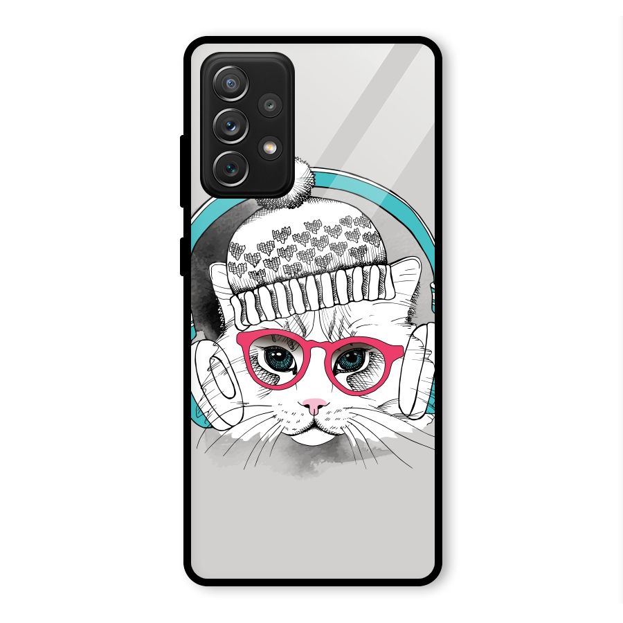 Cat Headphones Glass Back Case for Galaxy A72