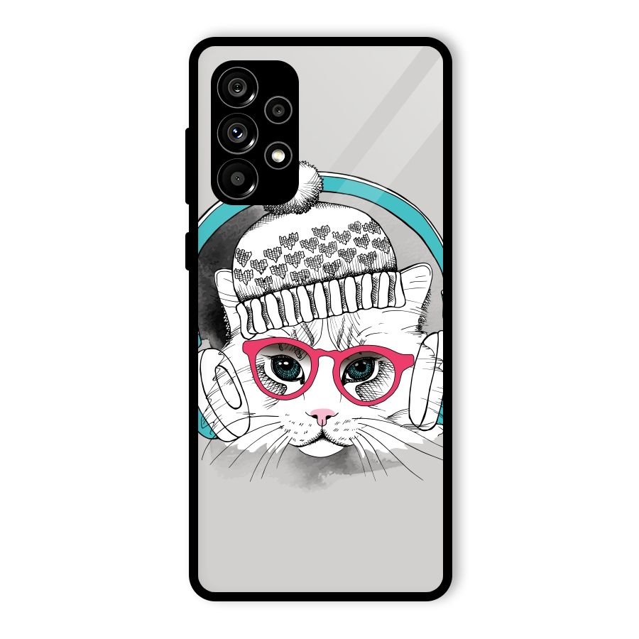 Cat Headphones Glass Back Case for Galaxy A73 5G