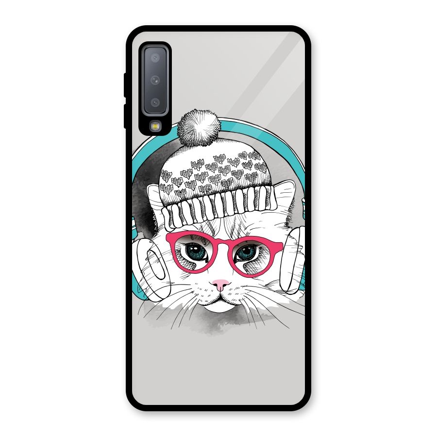 Cat Headphones Glass Back Case for Galaxy A7 (2018)