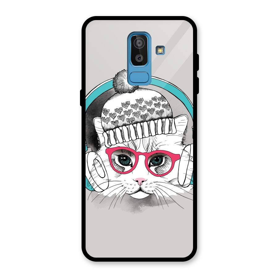 Cat Headphones Glass Back Case for Galaxy J8