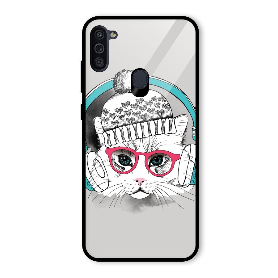 Cat Headphones Glass Back Case for Galaxy M11