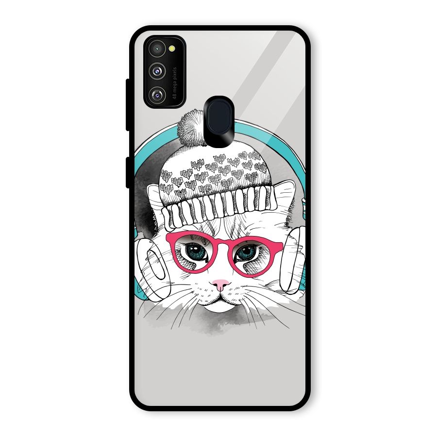 Cat Headphones Glass Back Case for Galaxy M30s
