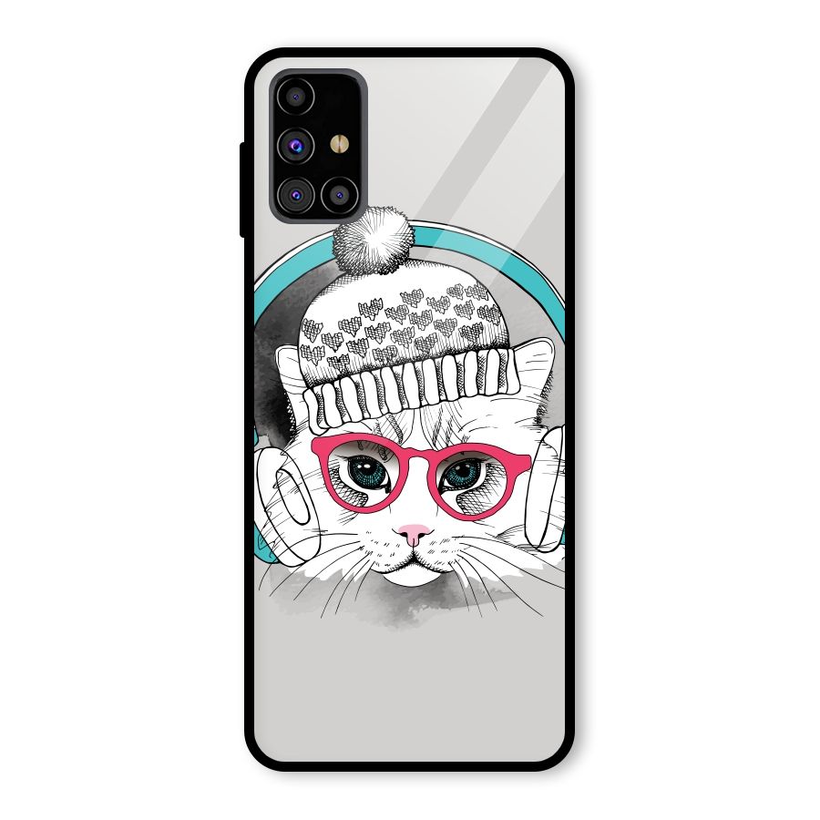 Cat Headphones Glass Back Case for Galaxy M31s