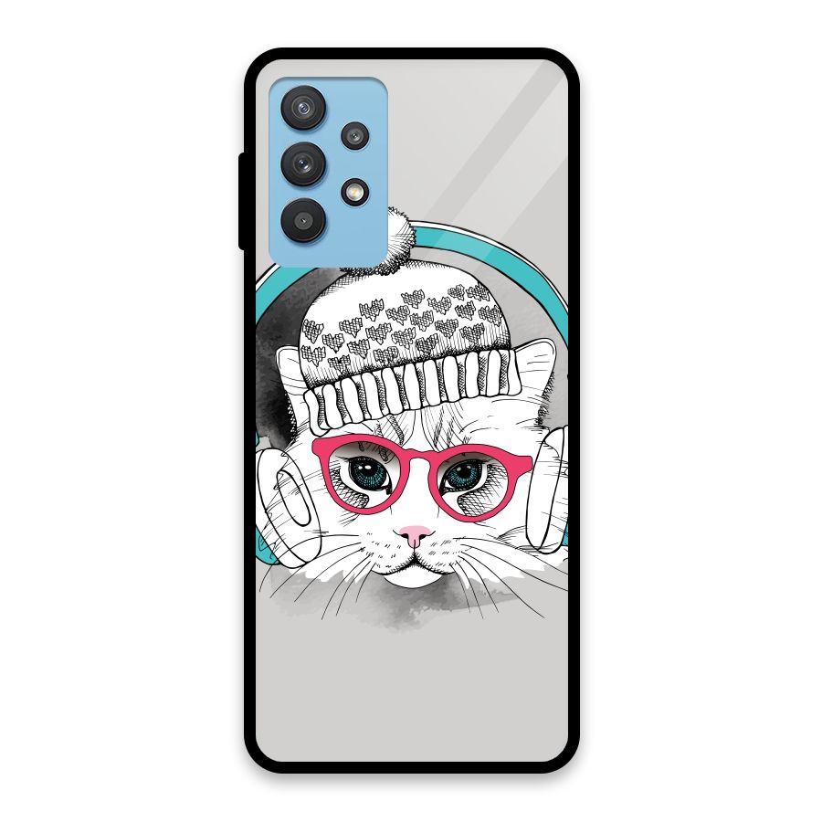 Cat Headphones Glass Back Case for Galaxy M32 5G
