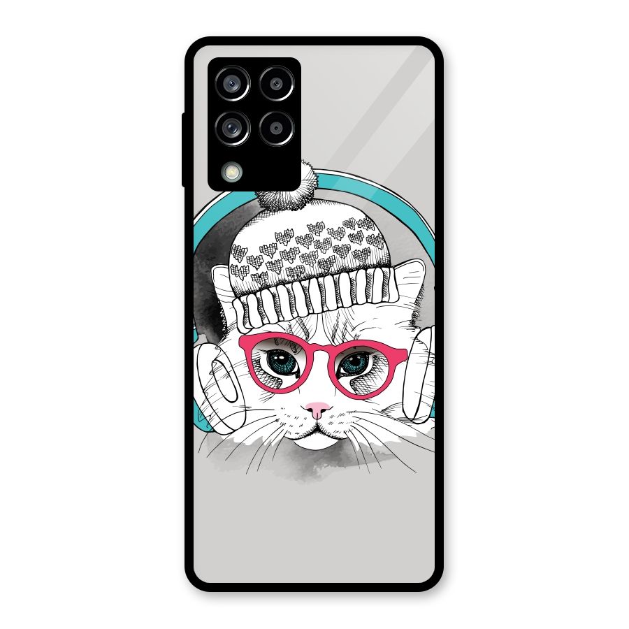 Cat Headphones Glass Back Case for Galaxy M53 5G