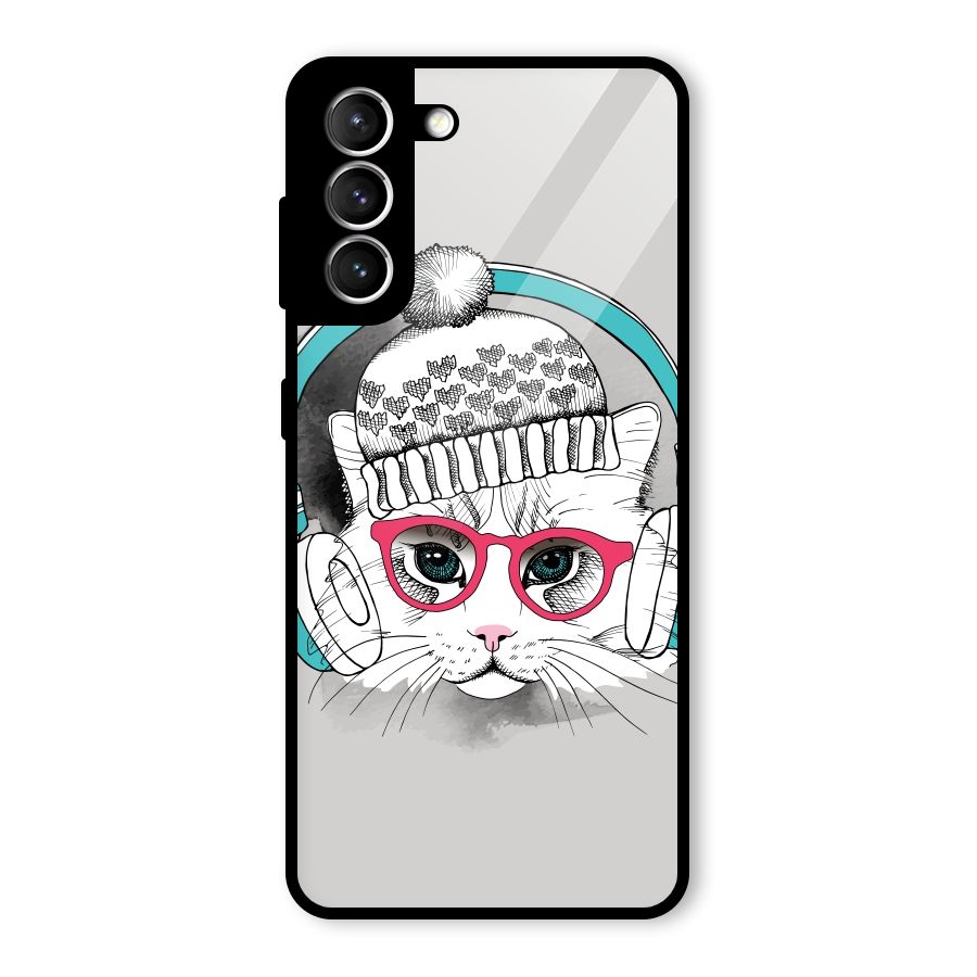Cat Headphones Glass Back Case for Galaxy S21 5G