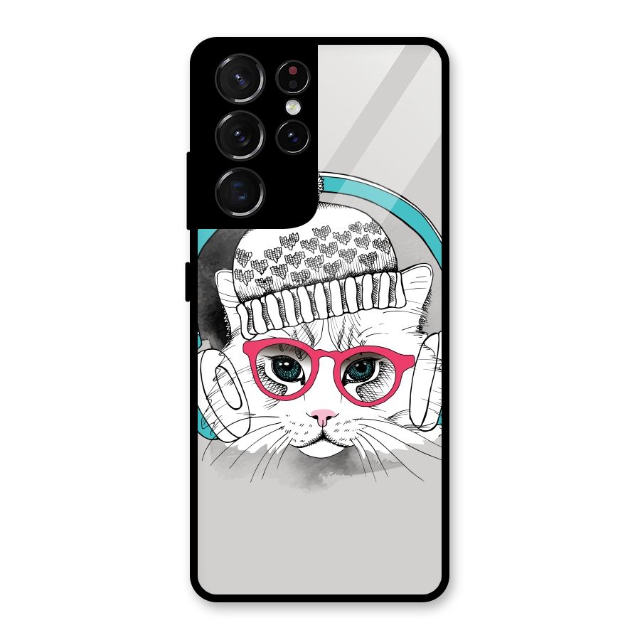 Cat Headphones Glass Back Case for Galaxy S21 Ultra 5G