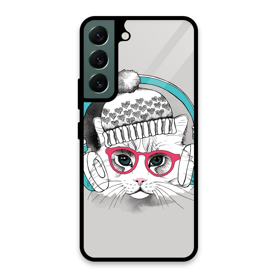 Cat Headphones Glass Back Case for Galaxy S22 5G