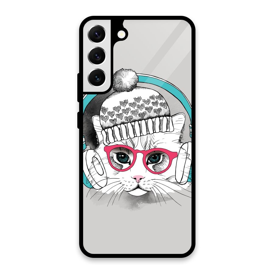 Cat Headphones Glass Back Case for Galaxy S22 Plus 5G