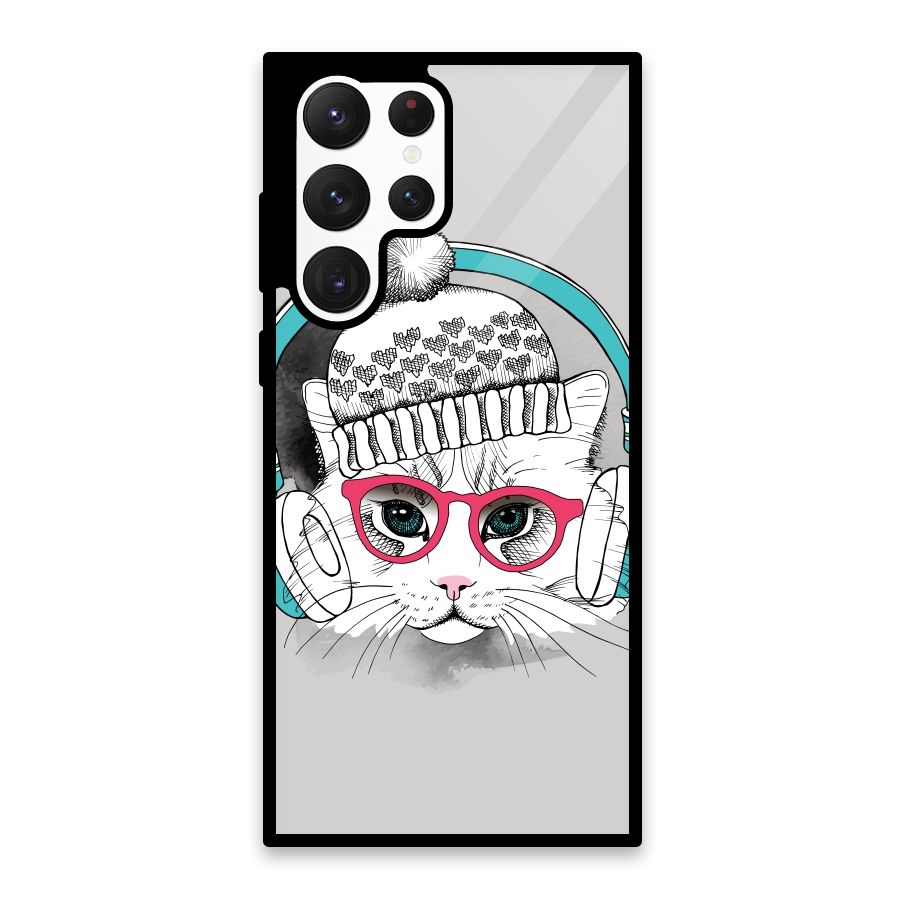Cat Headphones Glass Back Case for Galaxy S22 Ultra 5G