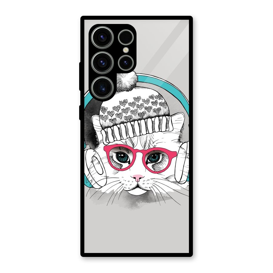 Cat Headphones Glass Back Case for Galaxy S23 Ultra