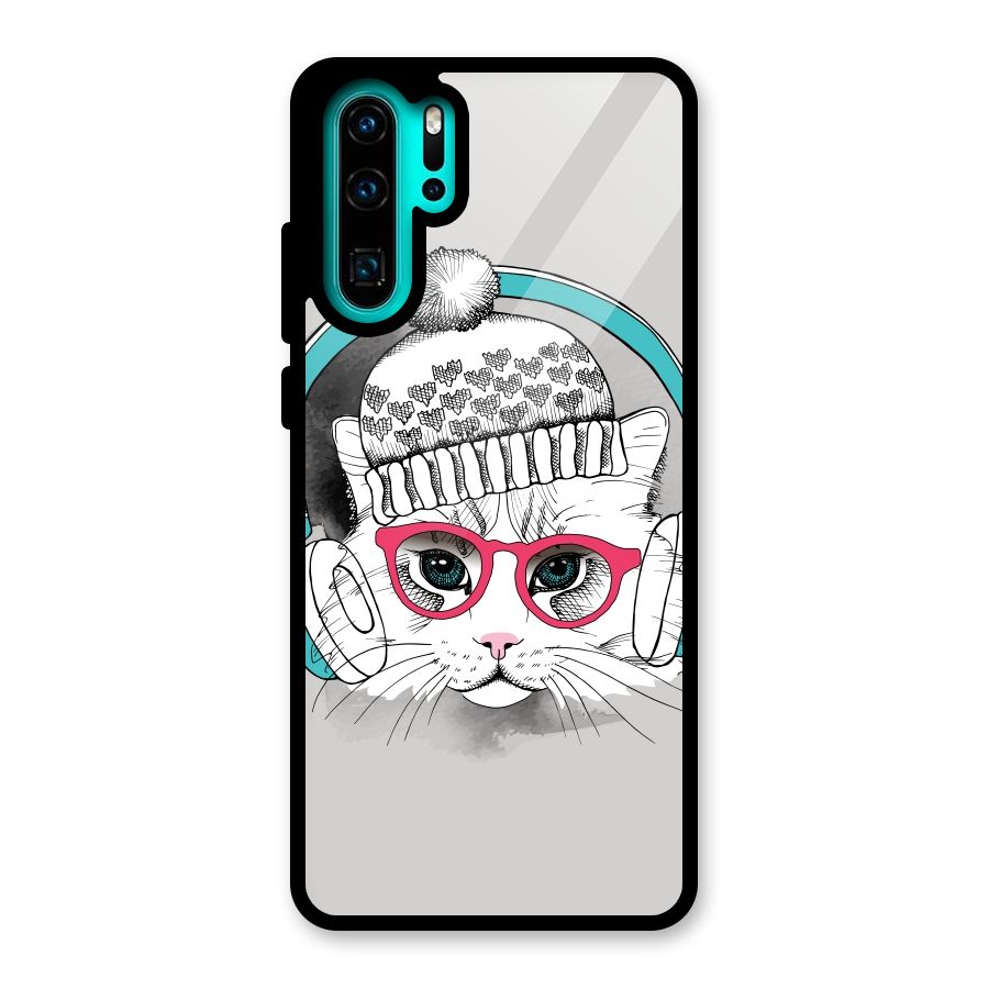 Cat Headphones Glass Back Case for Huawei P30 Pro