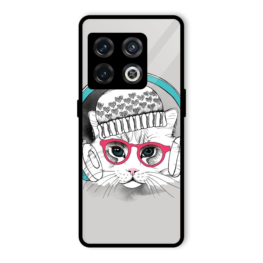 Cat Headphones Glass Back Case for OnePlus 10 Pro 5G