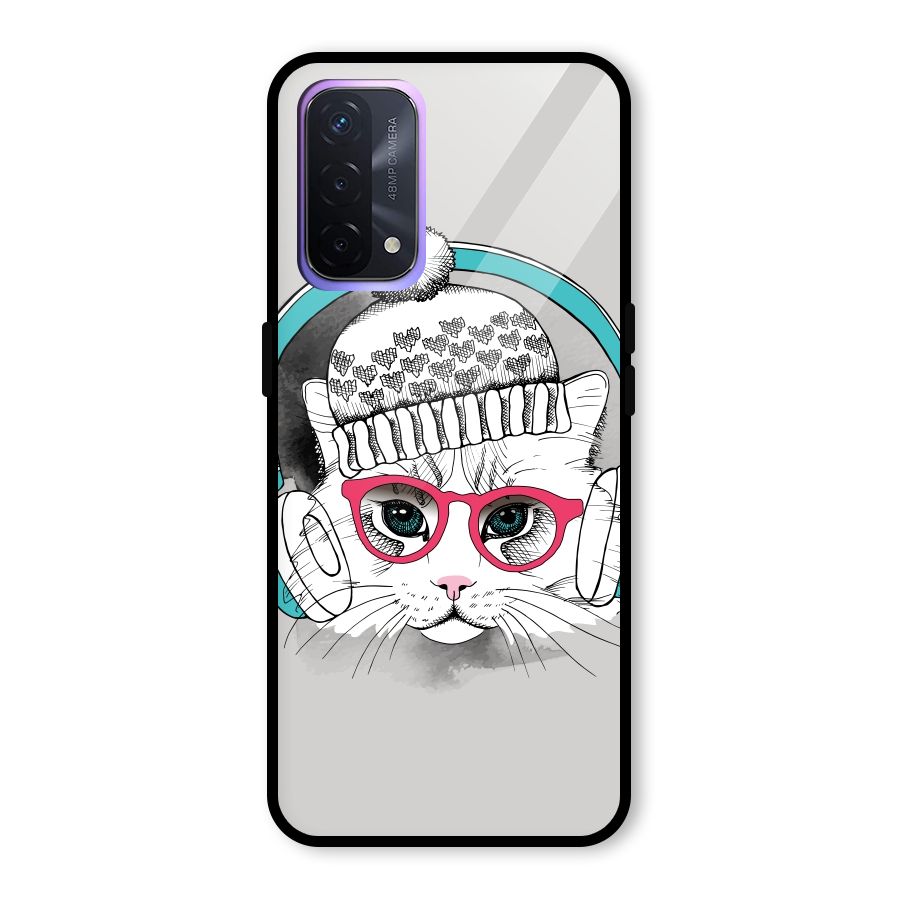 Cat Headphones Glass Back Case for Oppo A74 5G