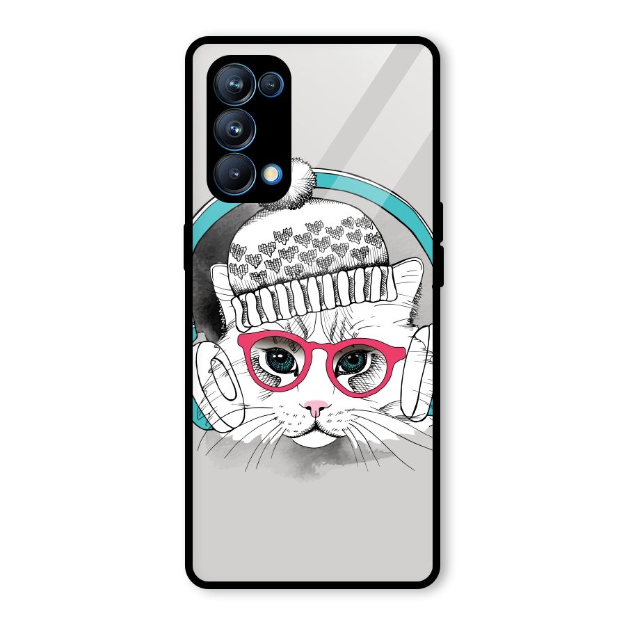 Cat Headphones Glass Back Case for Oppo Reno5 Pro 5G