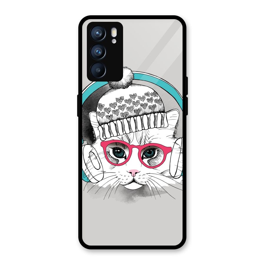 Cat Headphones Glass Back Case for Oppo Reno6 5G