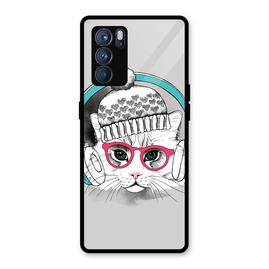 Cat Headphones Glass Back Case for Oppo Reno6 Pro 5G