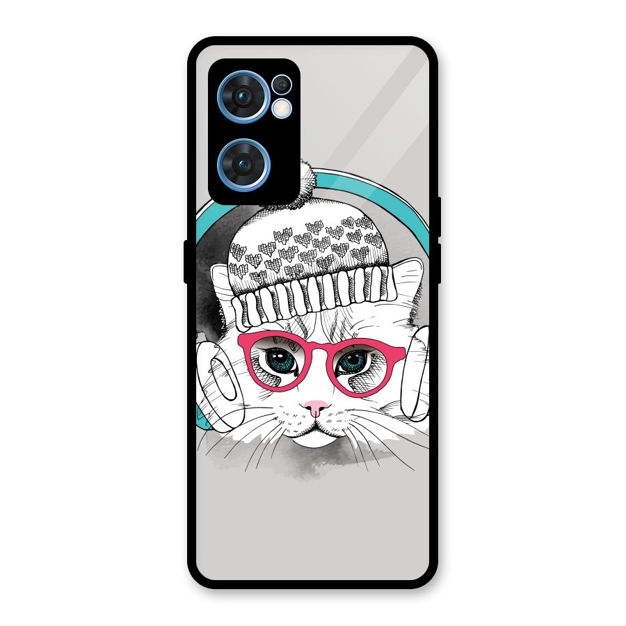 Cat Headphones Glass Back Case for Oppo Reno7 5G