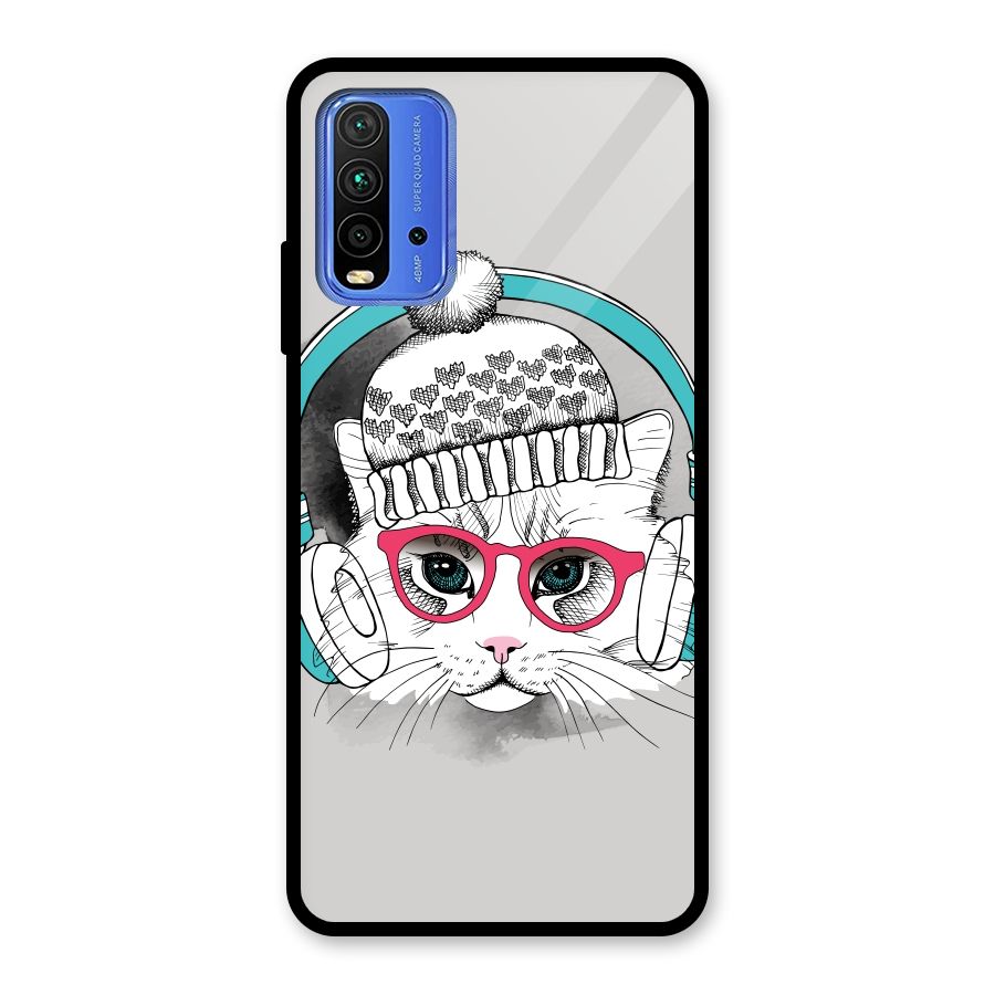 Cat Headphones Glass Back Case for Redmi 9 Power