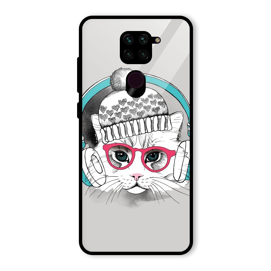 Cat Headphones Glass Back Case for Redmi Note 9