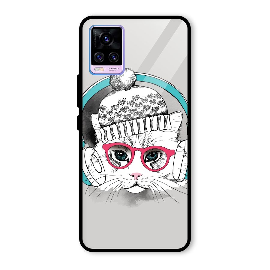 Cat Headphones Glass Back Case for Vivo V20 Pro